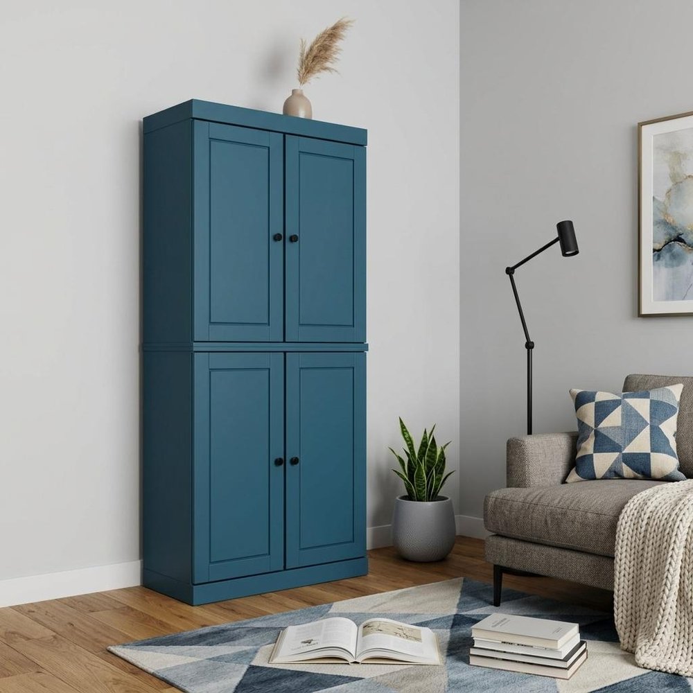 72" Teal Blue Solid Wood Adjustable Six Tier Library Bookcase with Four Doors