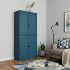 72" Teal Blue Solid Wood Adjustable Six Tier Library Bookcase with Four Doors
