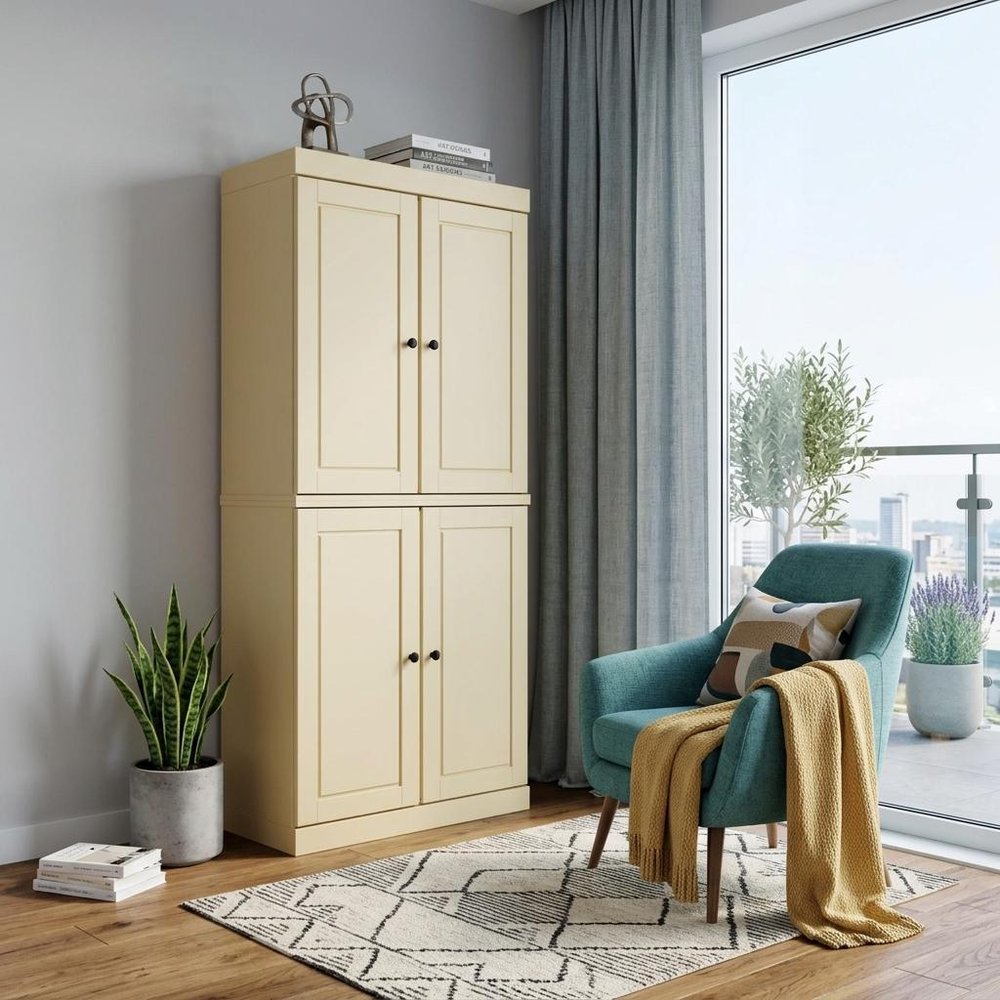 72" Yellow Solid Wood Adjustable Six Tier Library Bookcase with Four Doors
