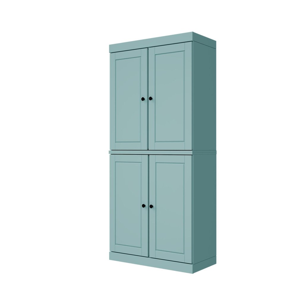 72" Aqua Solid Wood Adjustable Six Tier Library Bookcase with Four Doors