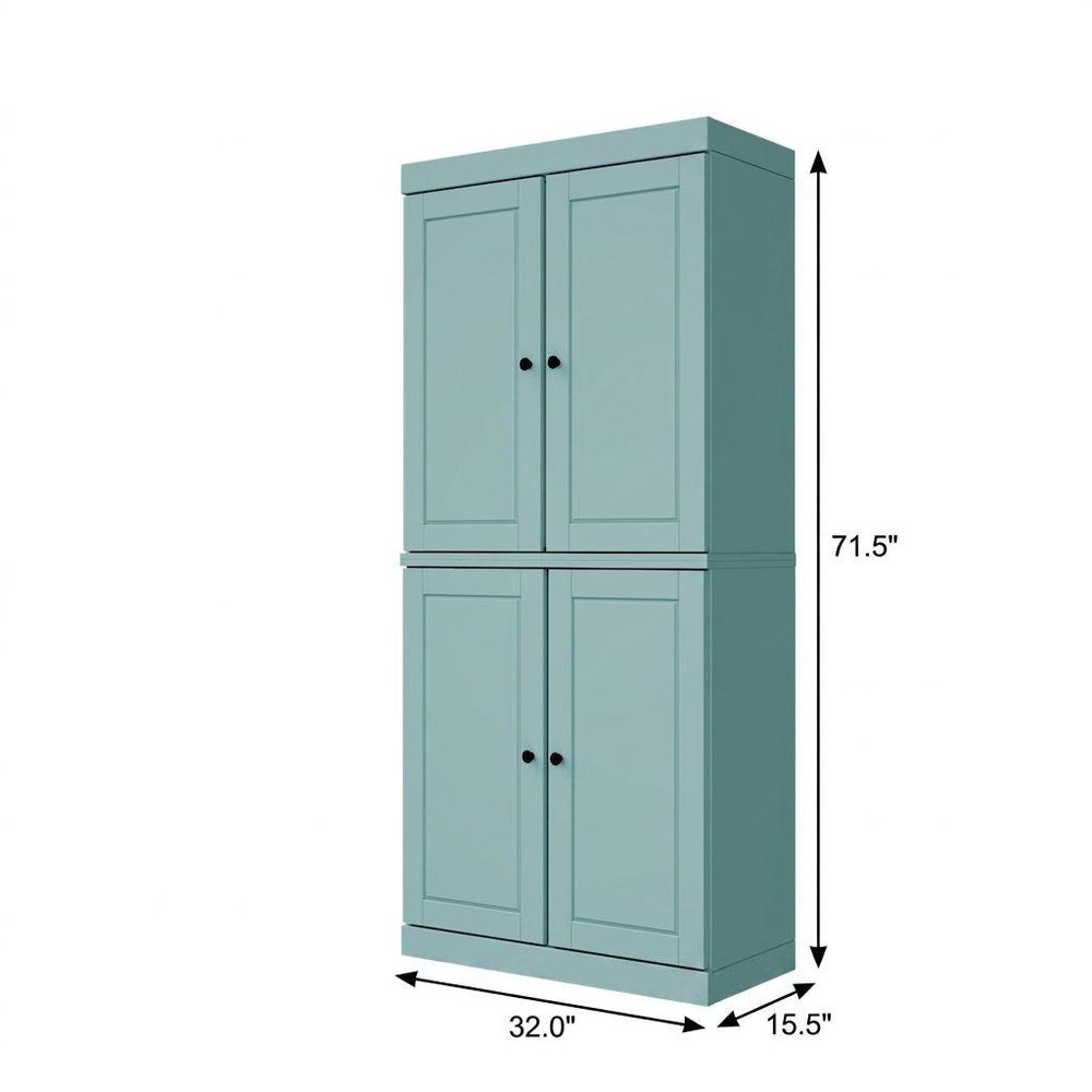 72" Aqua Solid Wood Adjustable Six Tier Library Bookcase with Four Doors