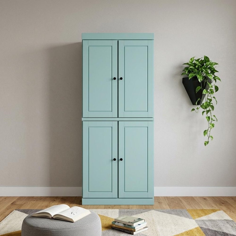 72" Aqua Solid Wood Adjustable Six Tier Library Bookcase with Four Doors