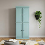 72" Aqua Solid Wood Adjustable Six Tier Library Bookcase with Four Doors
