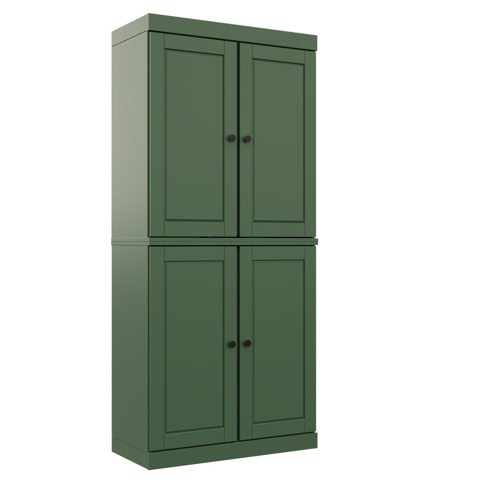 72" Green Solid Wood Adjustable Six Tier Library Bookcase with Four Doors