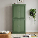 72" Green Solid Wood Adjustable Six Tier Library Bookcase with Four Doors