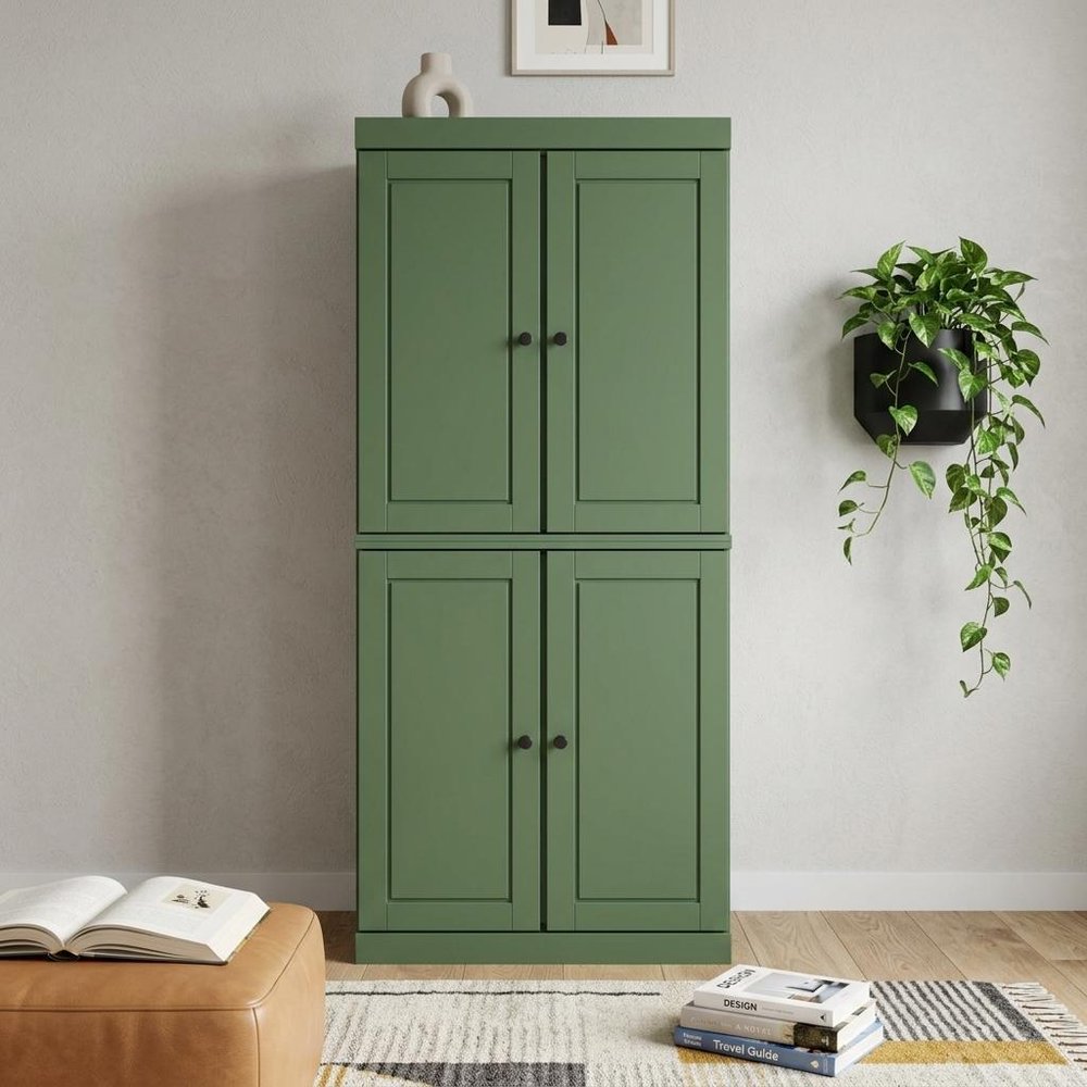 72" Green Solid Wood Adjustable Six Tier Library Bookcase with Four Doors