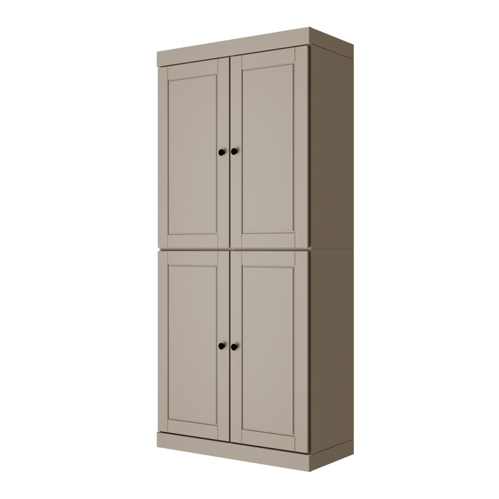 72" Beige Solid Wood Adjustable Six Tier Library Bookcase with Four Doors