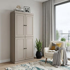 72" Beige Solid Wood Adjustable Six Tier Library Bookcase with Four Doors