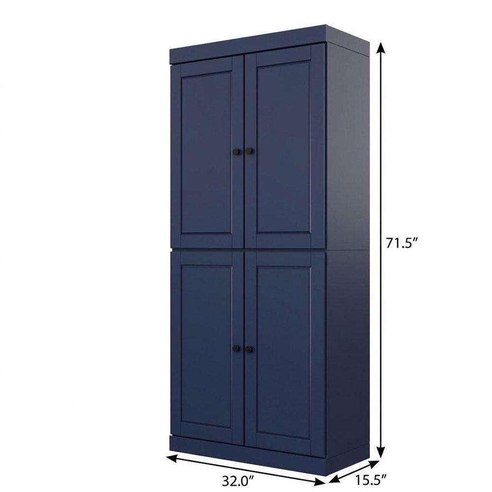 72" Navy Blue Solid Wood Adjustable Six Tier Library Bookcase with Four Doors