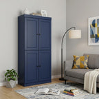 72" Navy Blue Solid Wood Adjustable Six Tier Library Bookcase with Four Doors