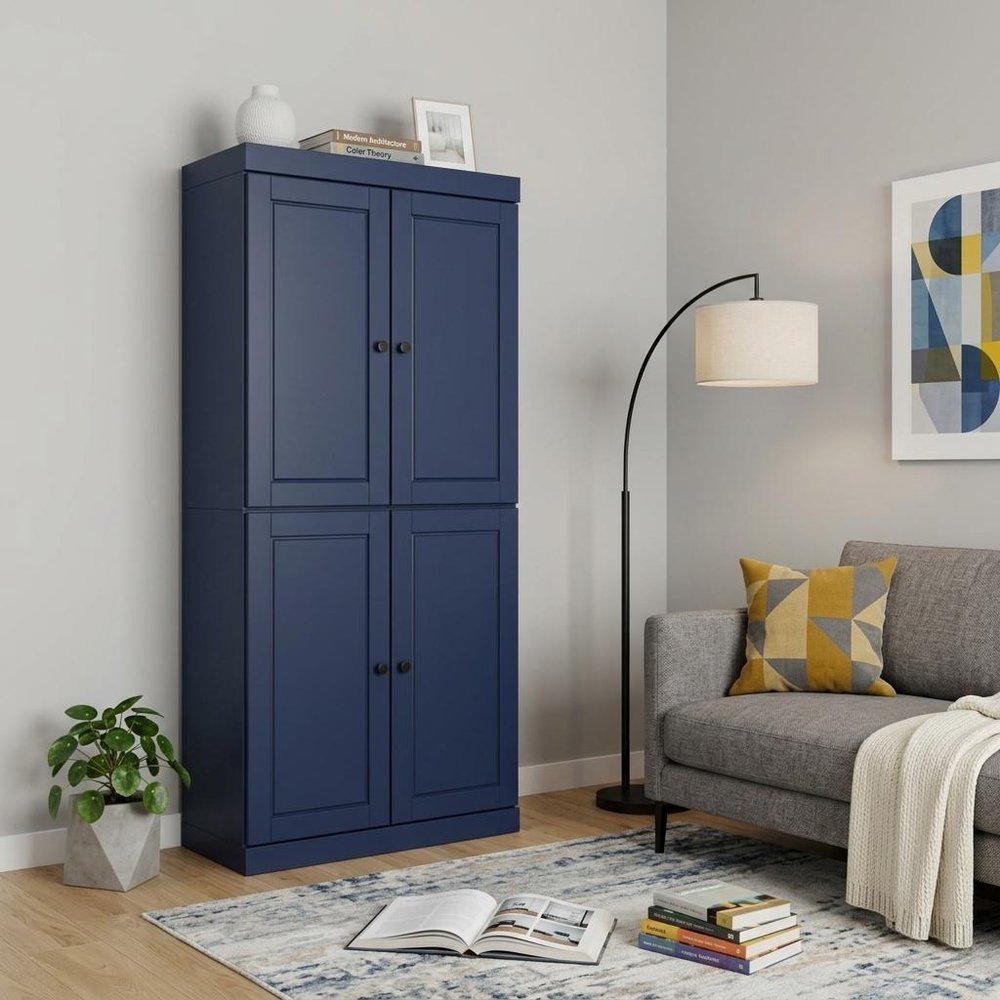 72" Navy Blue Solid Wood Adjustable Six Tier Library Bookcase with Four Doors