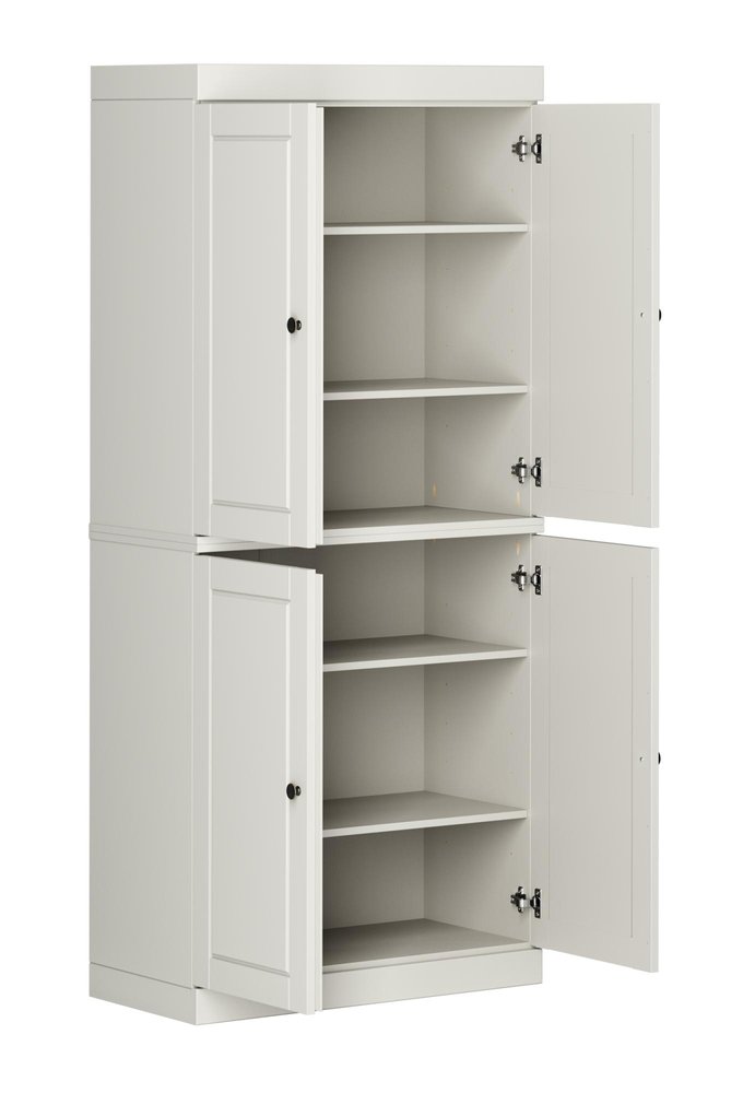 72" Off White Solid Wood Adjustable Six Tier Library Bookcase with Four Doors