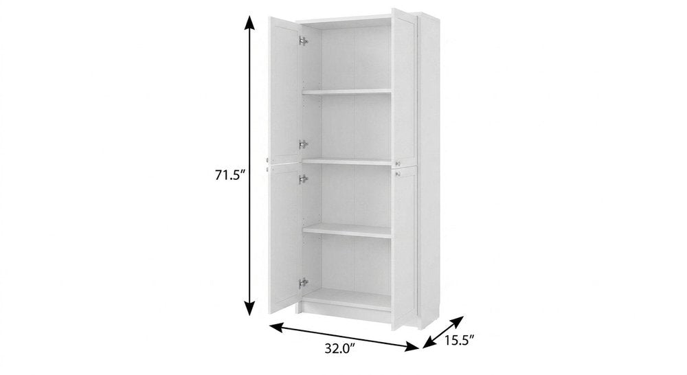 72" Off White Solid Wood Adjustable Six Tier Library Bookcase with Four Doors