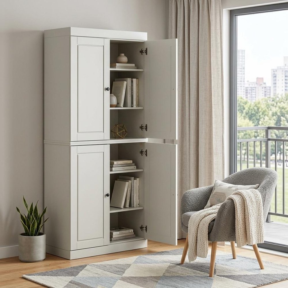 72" Off White Solid Wood Adjustable Six Tier Library Bookcase with Four Doors