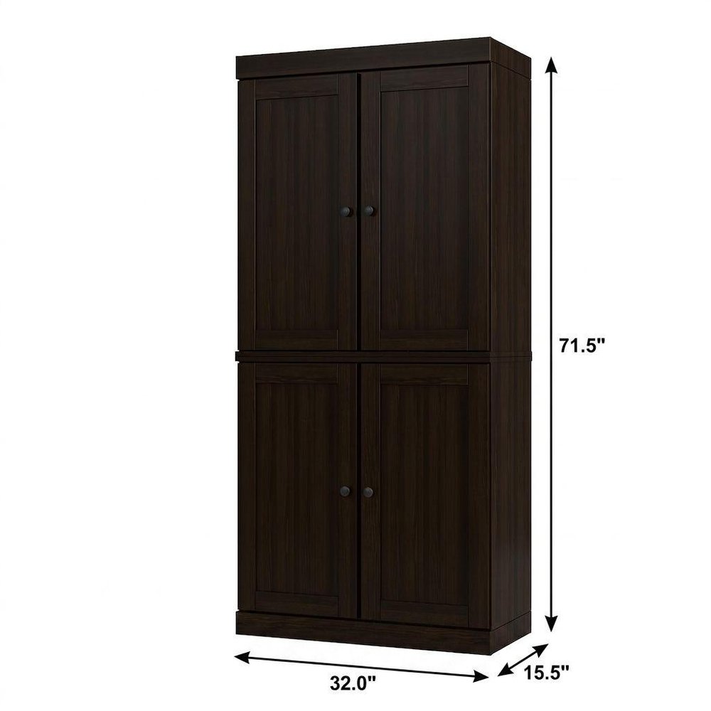 72" Espresso Solid Wood Adjustable Six Tier Library Bookcase with Four Doors