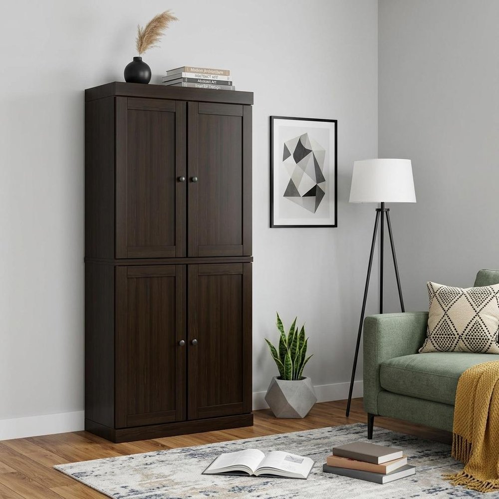 72" Espresso Solid Wood Adjustable Six Tier Library Bookcase with Four Doors