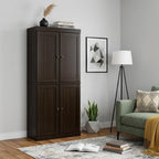 72" Espresso Solid Wood Adjustable Six Tier Library Bookcase with Four Doors