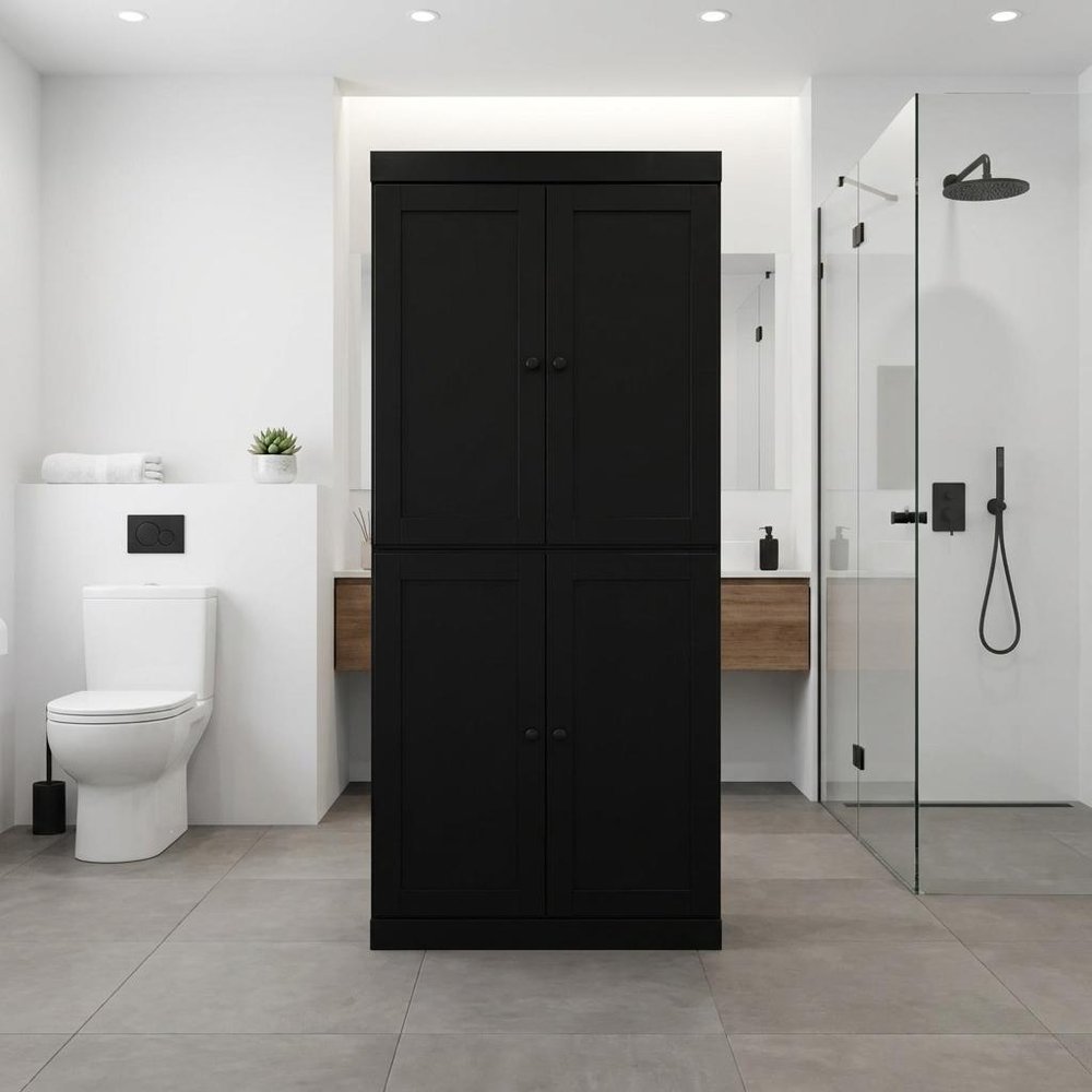 32" Black Solid Wood Free Standing Four Door Linen Cabinet