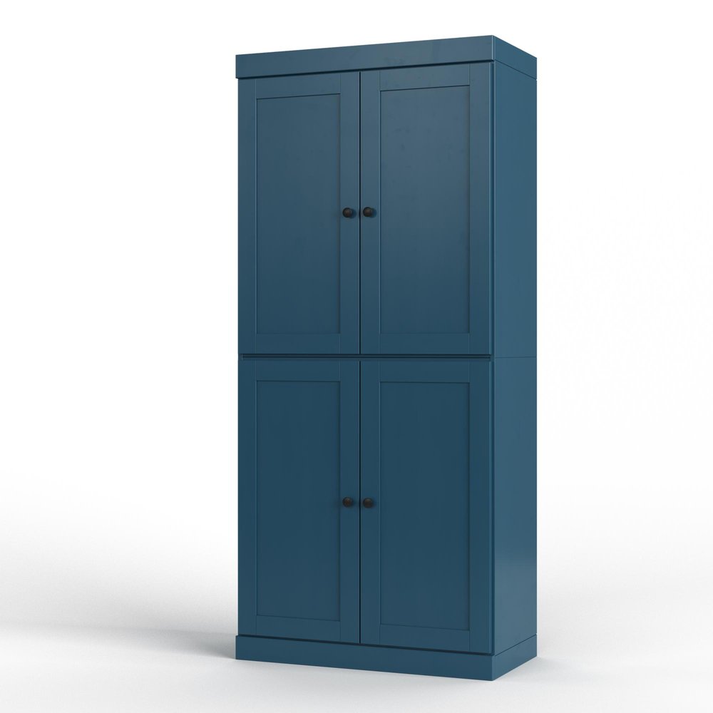 32" Teal Blue Solid Wood Free Standing Four Door Linen Cabinet