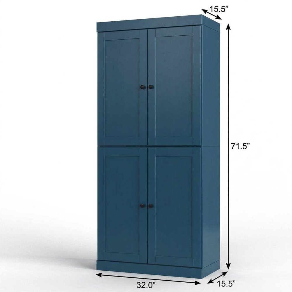32" Teal Blue Solid Wood Free Standing Four Door Linen Cabinet