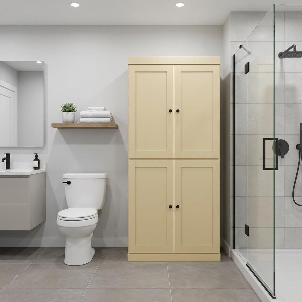 32" Yellow Solid Wood Free Standing Four Door Linen Cabinet