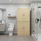 32" Yellow Solid Wood Free Standing Four Door Linen Cabinet