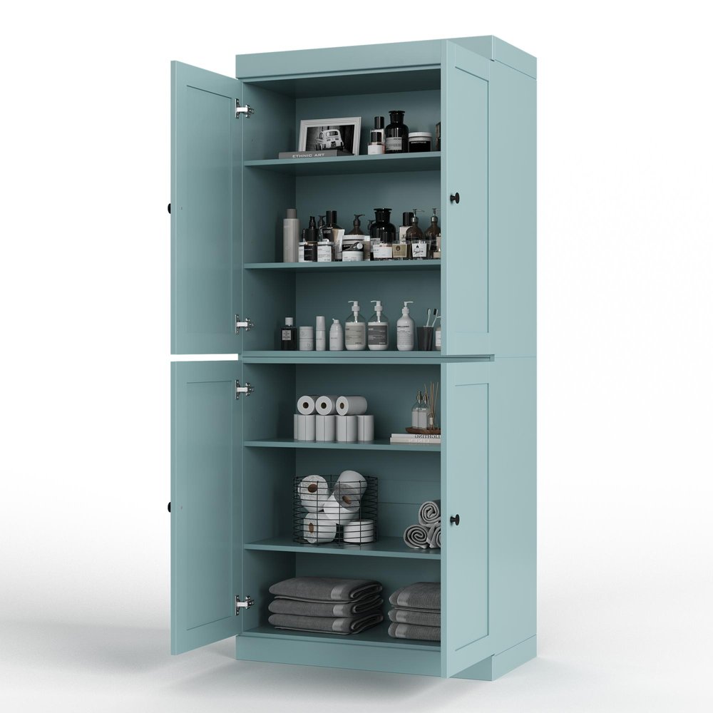 32" Aqua Solid Wood Free Standing Four Door Linen Cabinet