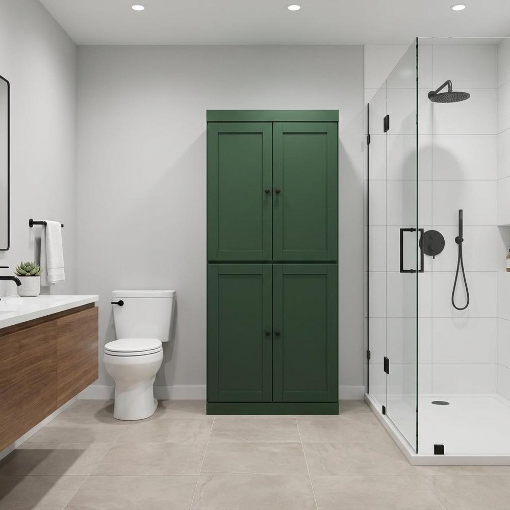 32" Green Solid Wood Free Standing Four Door Linen Cabinet
