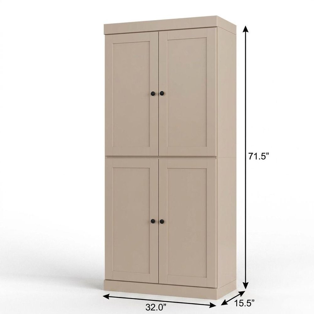 32" Beige Solid Wood Free Standing Four Door Linen Cabinet
