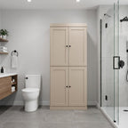 32" Beige Solid Wood Free Standing Four Door Linen Cabinet