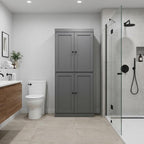 32" Gray Solid Wood Free Standing Four Door Linen Cabinet