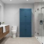 32" Teal Blue Solid Wood Free Standing Four Door Linen Cabinet