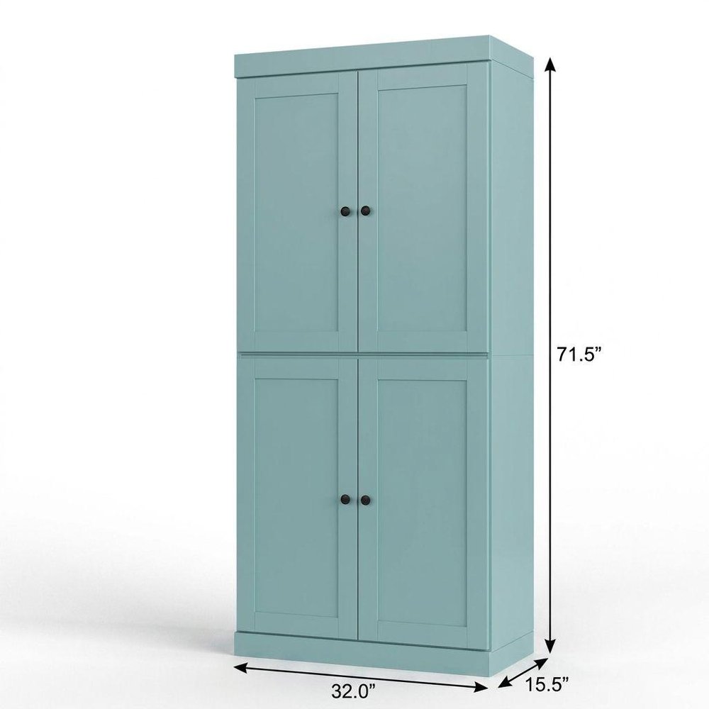 32" Aqua Solid Wood Free Standing Four Door Linen Cabinet