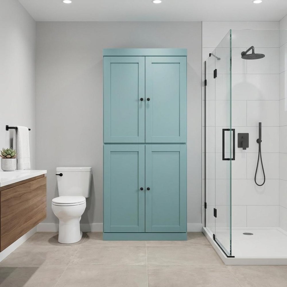 32" Aqua Solid Wood Free Standing Four Door Linen Cabinet