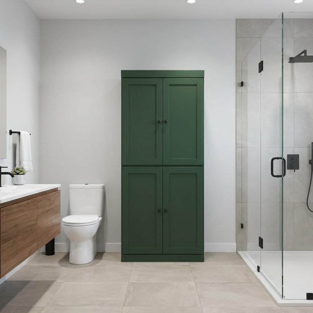 32" Green Solid Wood Free Standing Four Door Linen Cabinet