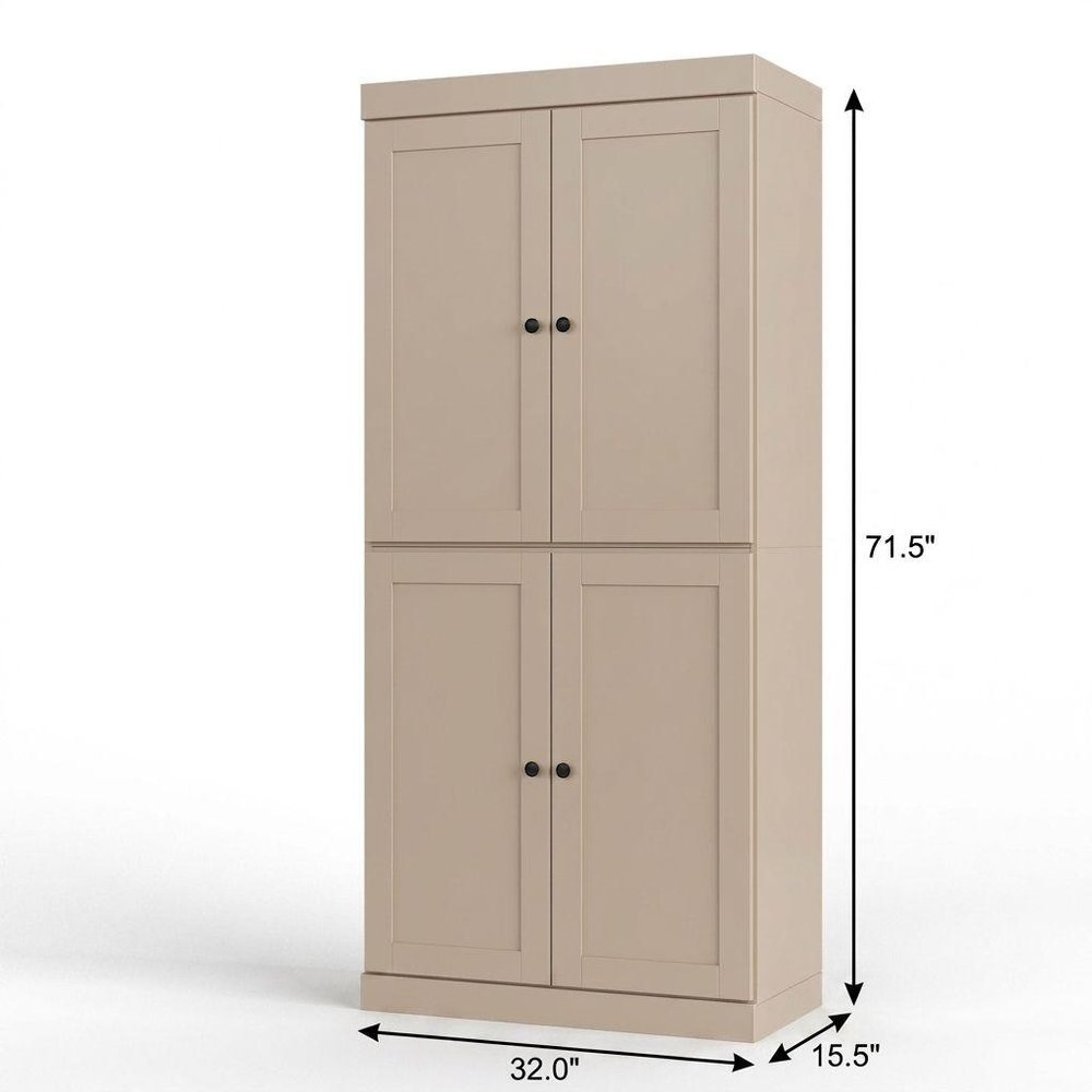 32" Beige Solid Wood Free Standing Four Door Linen Cabinet