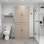 32" Beige Solid Wood Free Standing Four Door Linen Cabinet