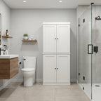 32" Off White Solid Wood Free Standing Four Door Linen Cabinet