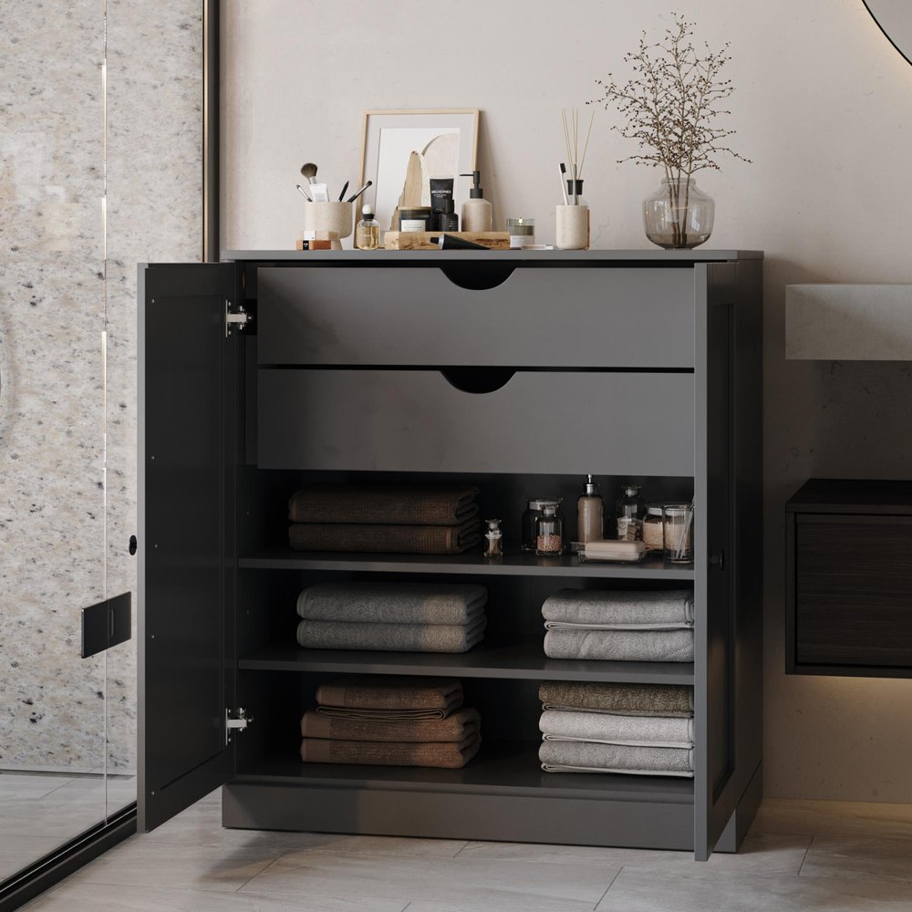 32" Gray Solid Wood Free Standing Double Door Linen Cabinet