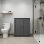 32" Gray Solid Wood Free Standing Double Door Linen Cabinet
