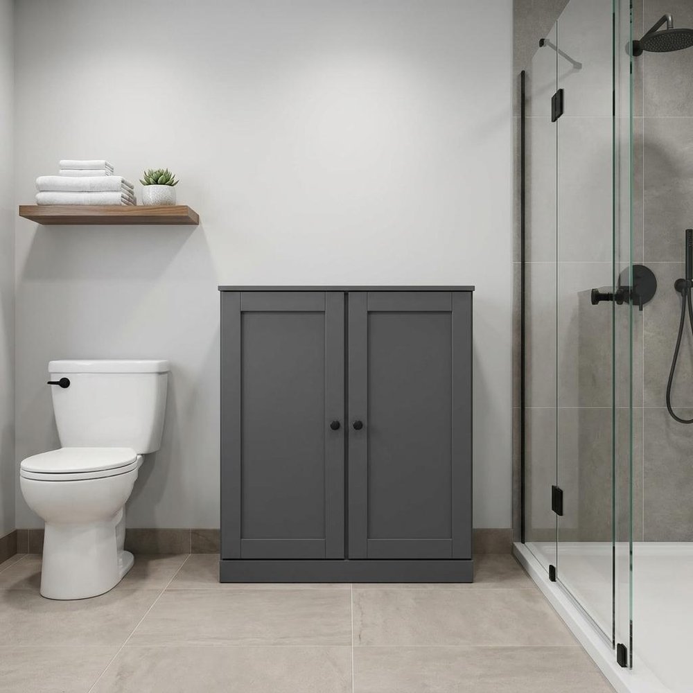 32" Gray Solid Wood Free Standing Double Door Linen Cabinet