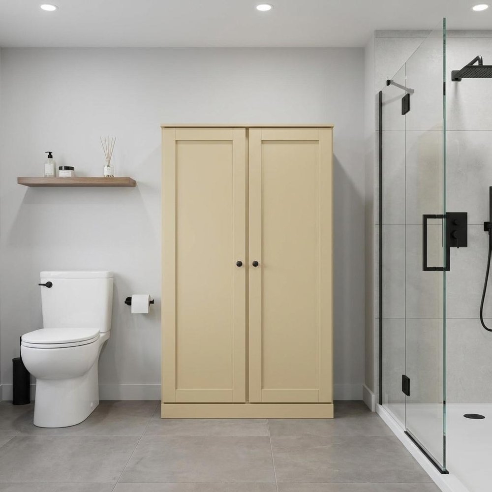 32" Yellow Solid Wood Free Standing Double Door Linen Cabinet