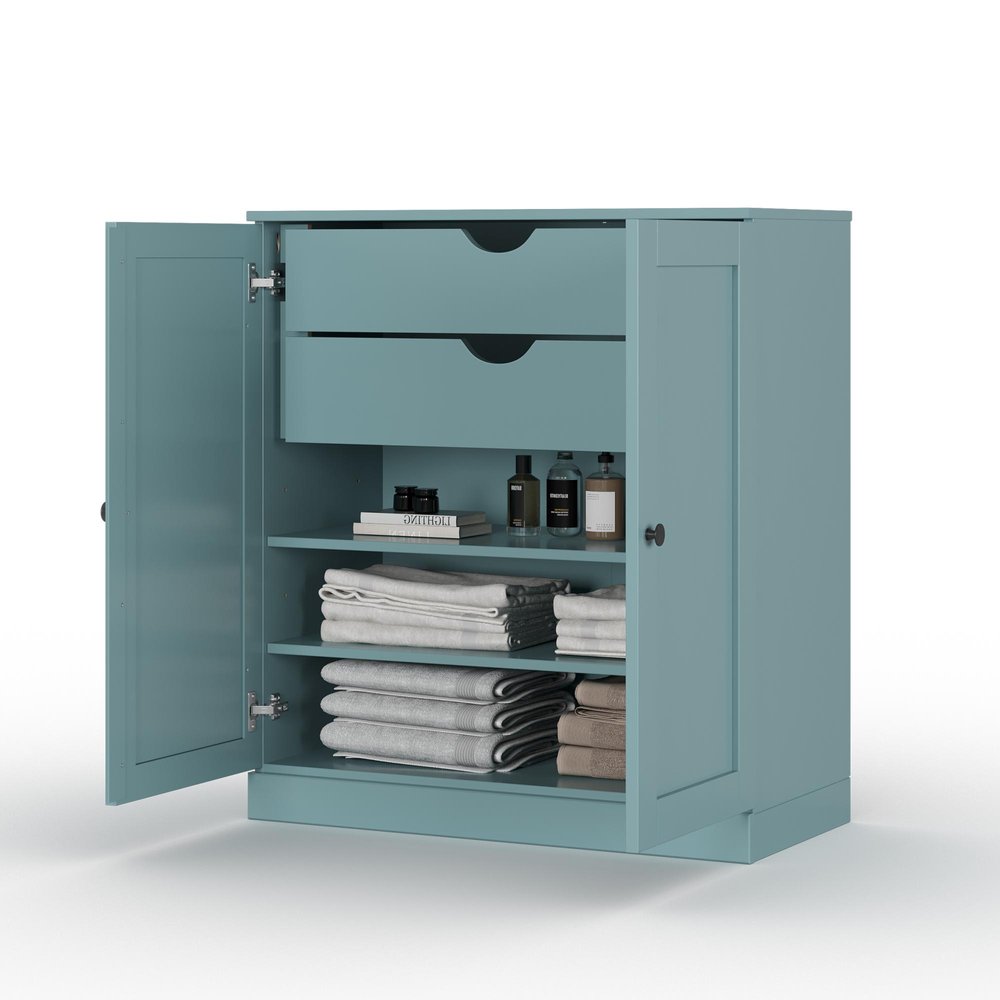 32" Aqua Solid Wood Free Standing Double Door Linen Cabinet