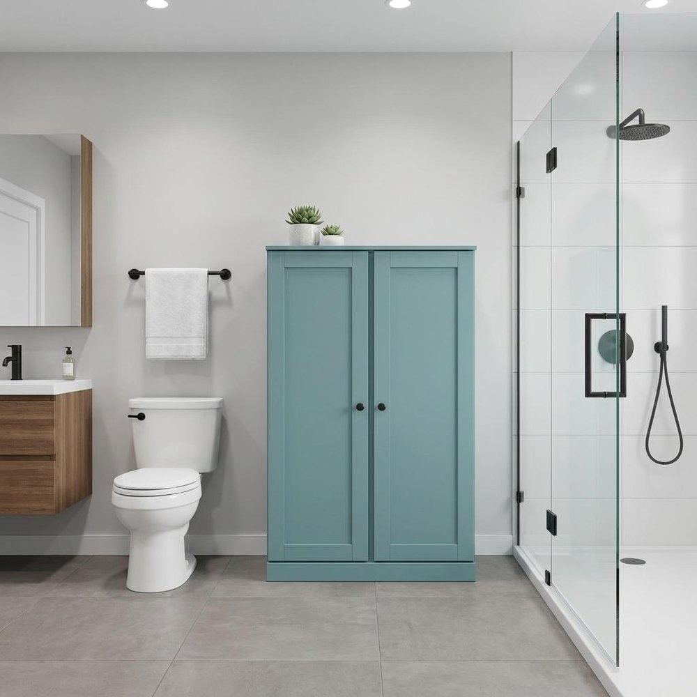 32" Aqua Solid Wood Free Standing Double Door Linen Cabinet