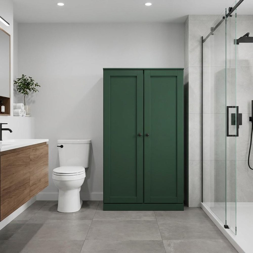 32" Green Solid Wood Free Standing Double Door Linen Cabinet