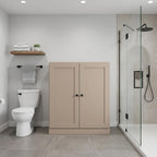32" Beige Solid Wood Free Standing Double Door Linen Cabinet