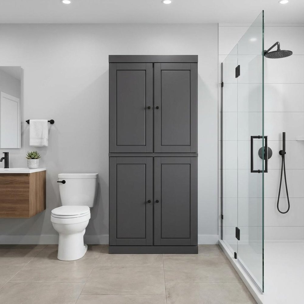 32" Gray Solid Wood Free Standing Four Door Linen Cabinet