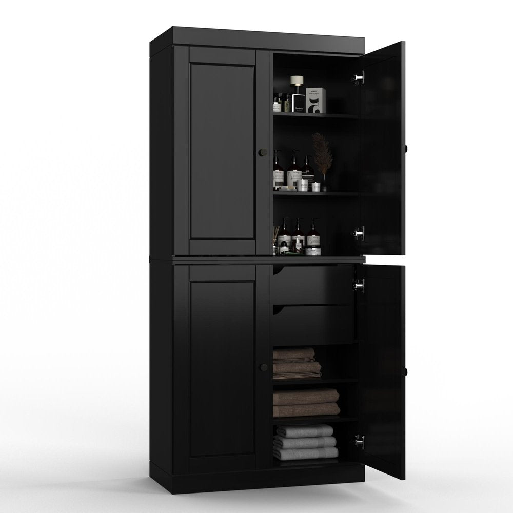 32" Black Solid Wood Free Standing Four Door Linen Cabinet