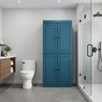 32" Teal Blue Solid Wood Free Standing Four Door Linen Cabinet