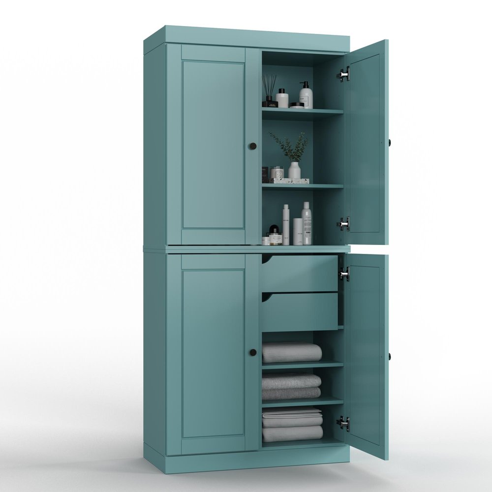 32" Aqua Solid Wood Free Standing Four Door Linen Cabinet